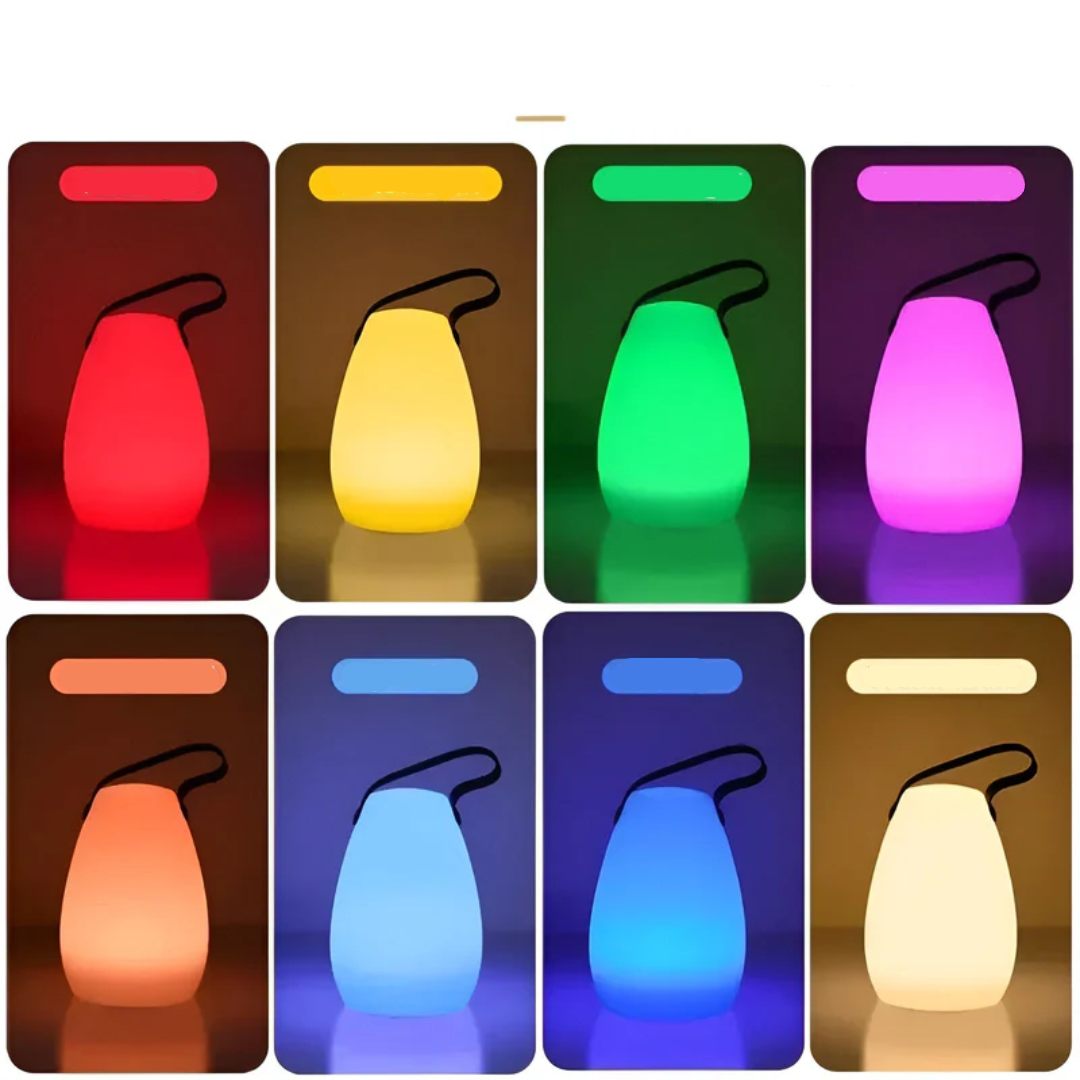 Portable waterproof cordless table lamp displaying multiple vibrant LED color modes