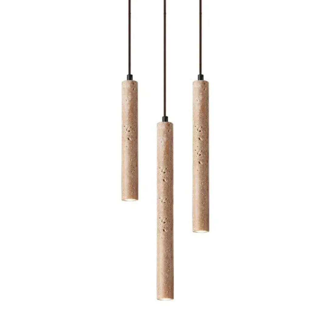 Minimalist travertine LED chandelier hanging in a modern living room