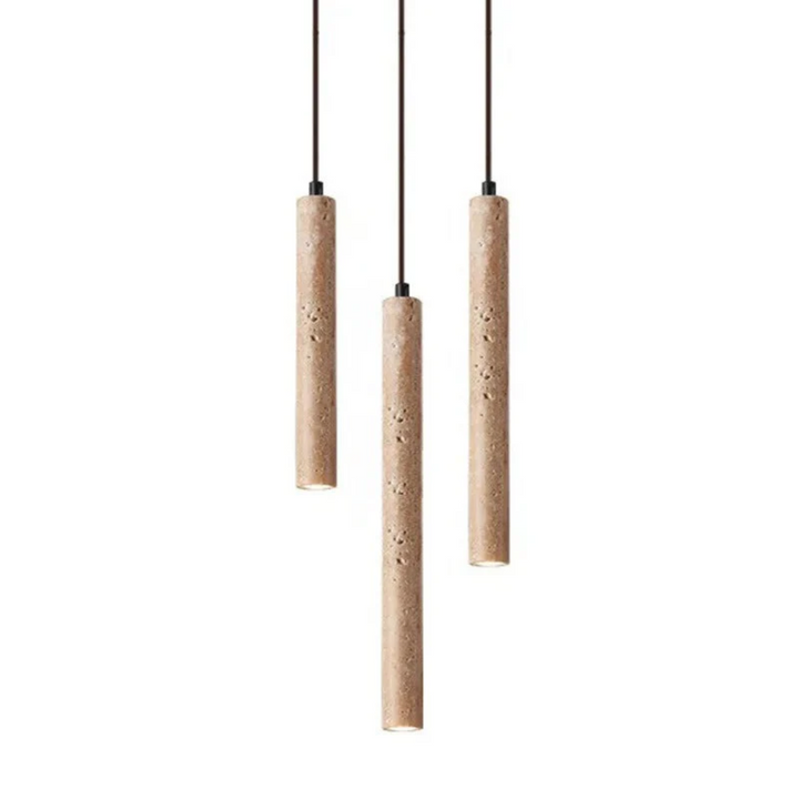 Minimalist travertine LED chandelier hanging in a modern living room