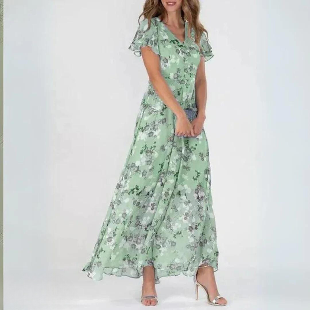 Women's floral print maxi dress featuring elegant ruffle sleeves for summer party wear