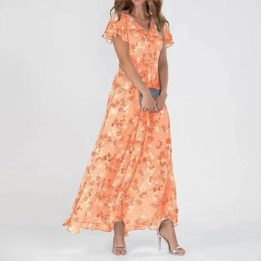 Long romantic floral summer dress for women with stylish ruffle short sleeves