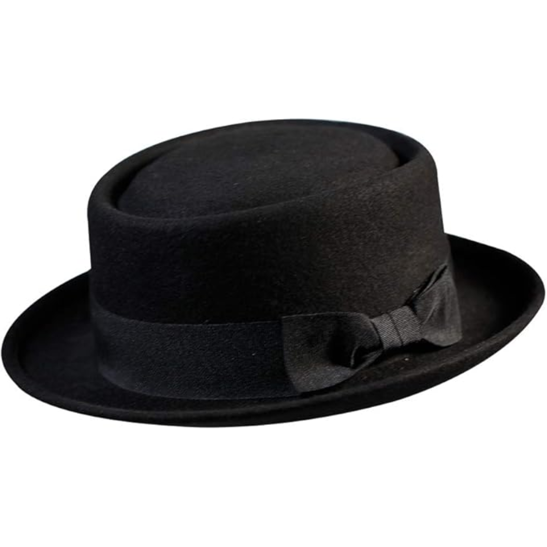Unisex classic black pork pie fedora hat with flat crown and bow detail