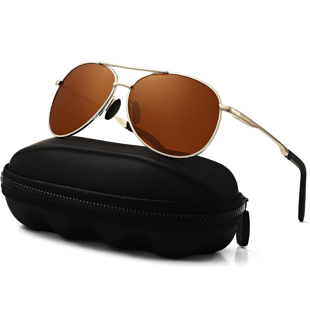 Close-up of polarized aviator sunglasses temple and hinge detail