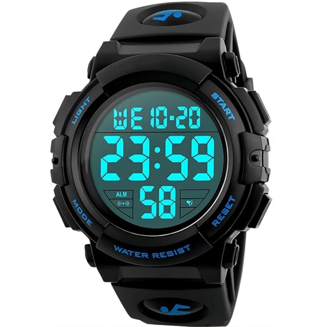 Men's Waterproof Digital Sports Watch front view with bright LED screen