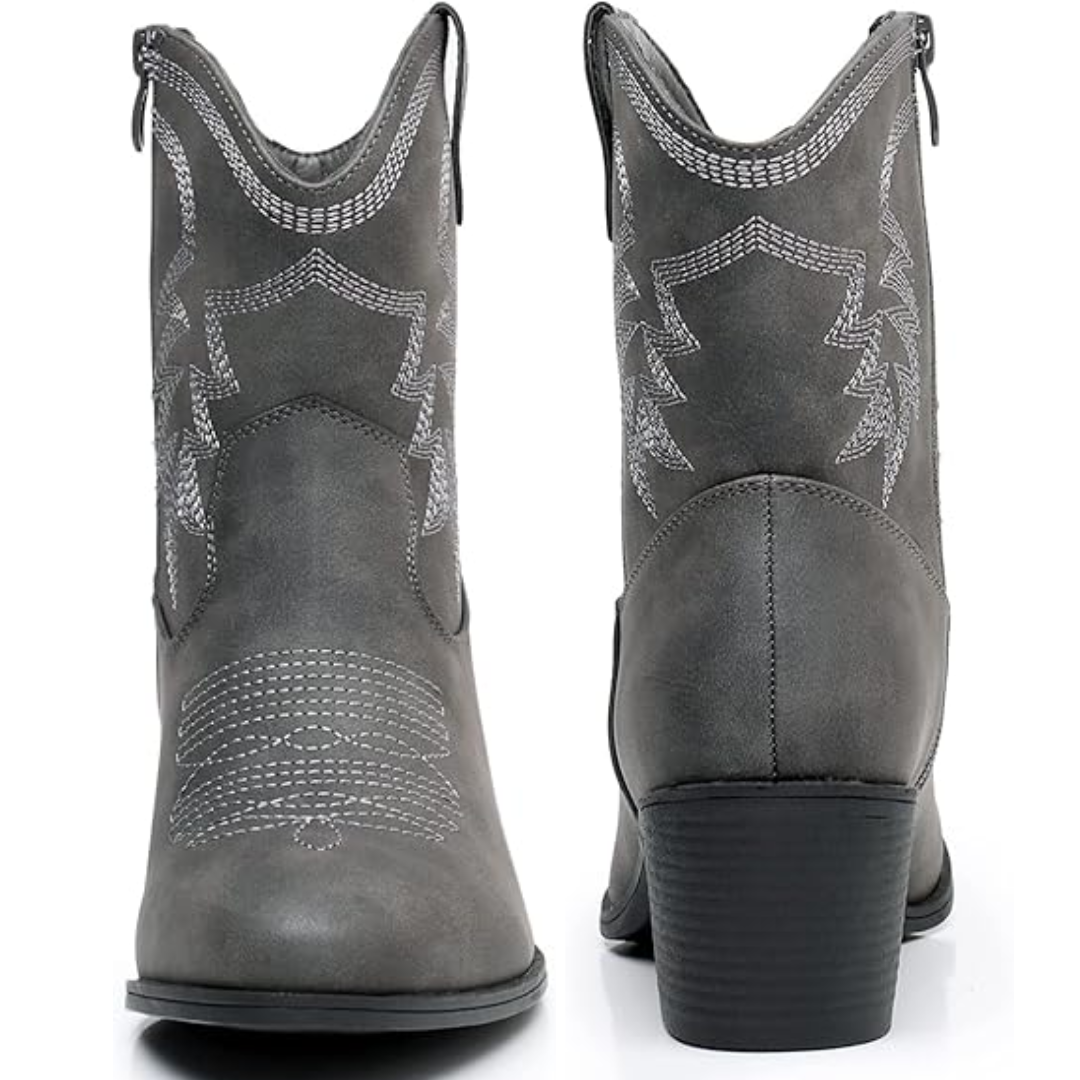 Grey mid-calf cowgirl boots with decorative stitching and side zipper