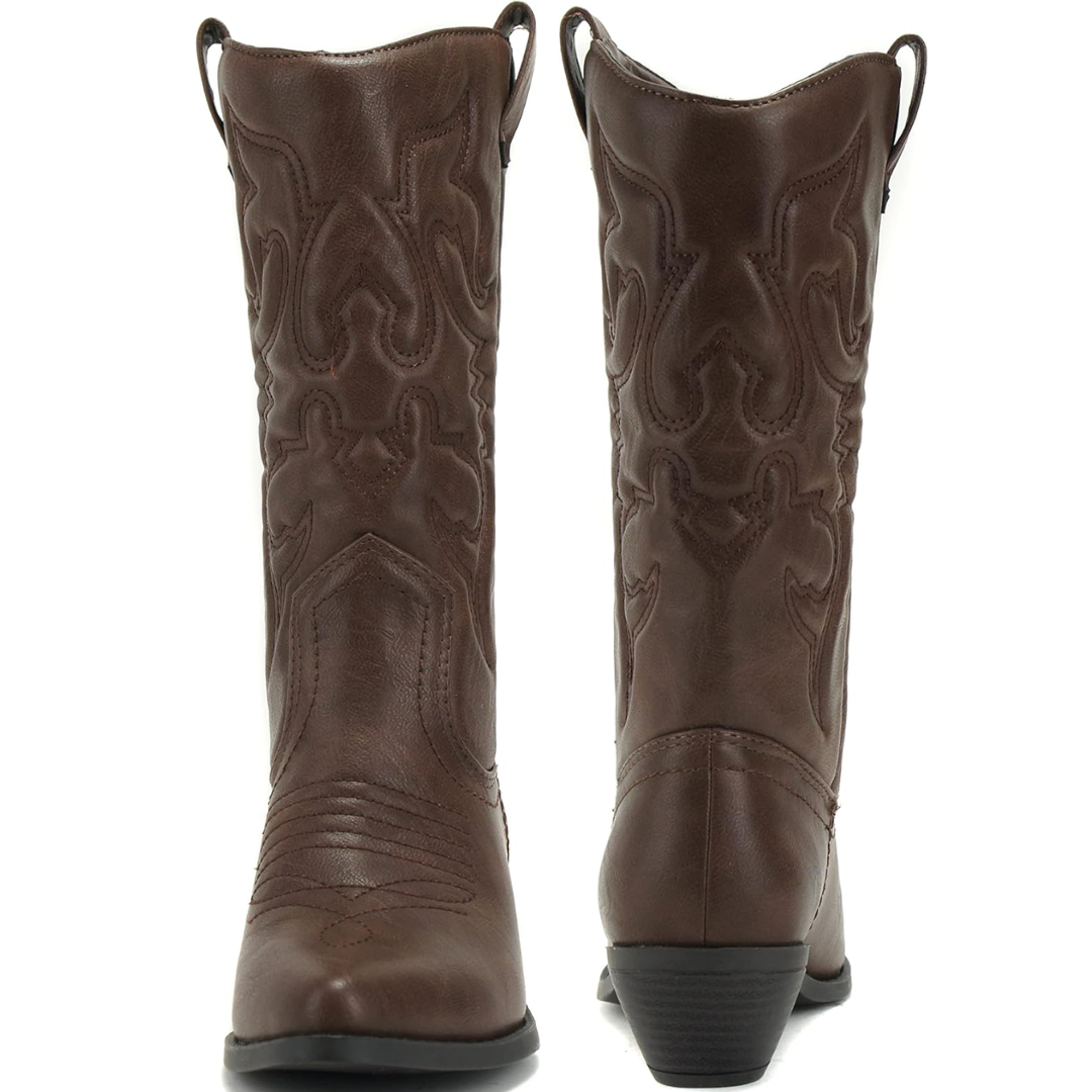 Back view of dark brown knee-high western cowboy boots with decorative stitching and block heel