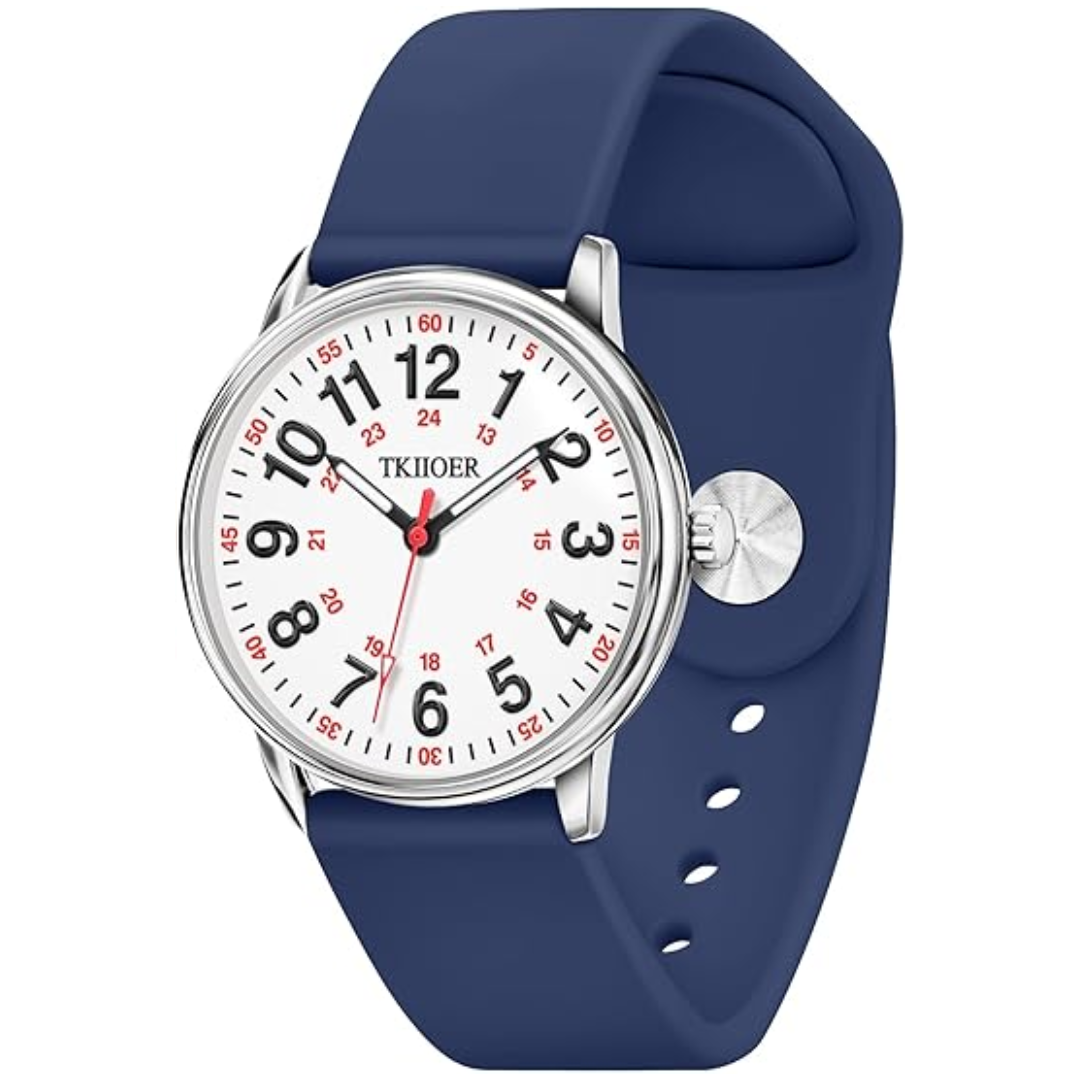 Navy blue nurse watch with white luminous dial and clear numbers