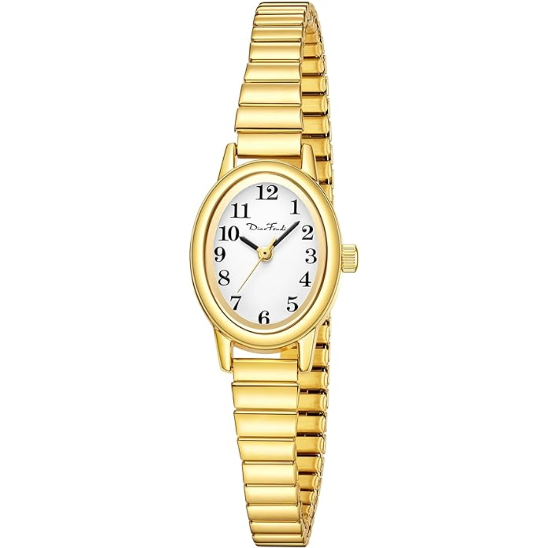 Classic women's gold mini watch showcasing flexible expansion bracelet