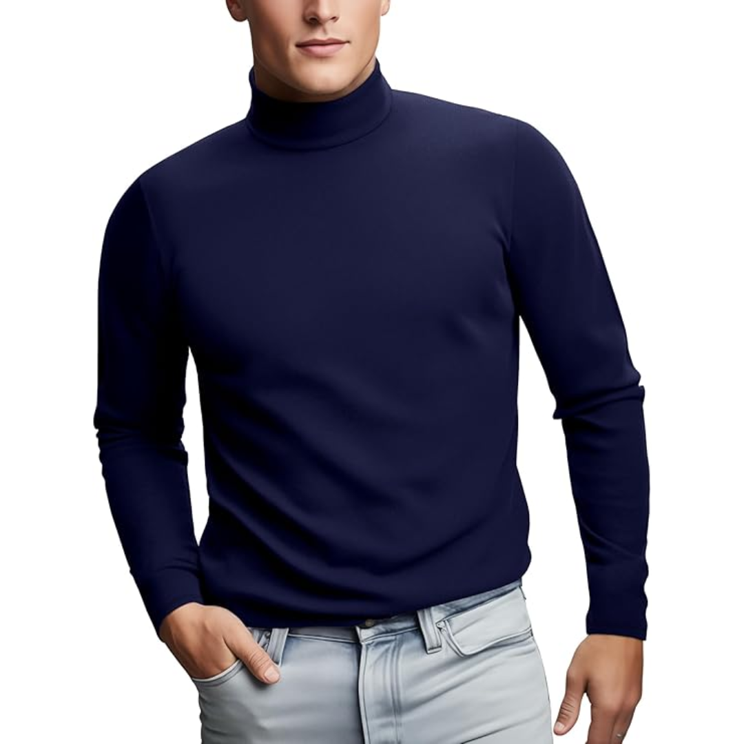 Man wearing a navy blue thermal turtleneck jumper with light jeans