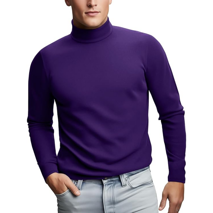 Man wearing a purple thermal turtleneck jumper with light jeans