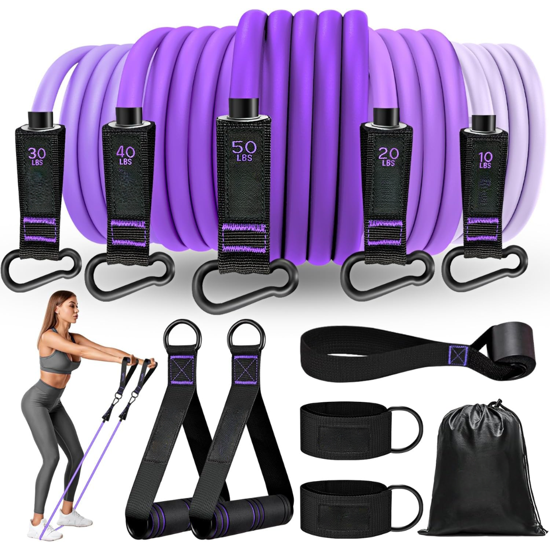 Purple full body resistance bands set with handles and door anchor displayed on white background