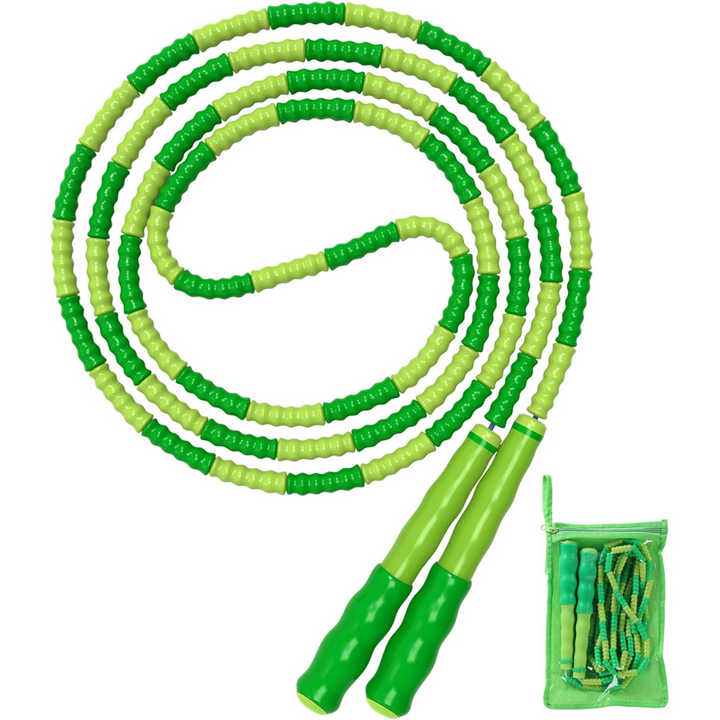 Colorful beaded jump rope laid flat for fitness and agility exercise