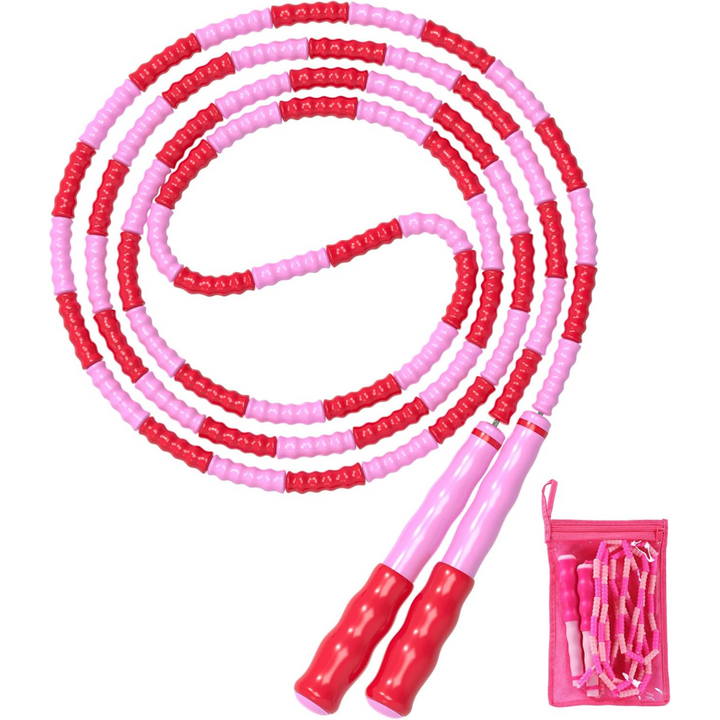 Coiled pink and red beaded jump rope with matching storage bag