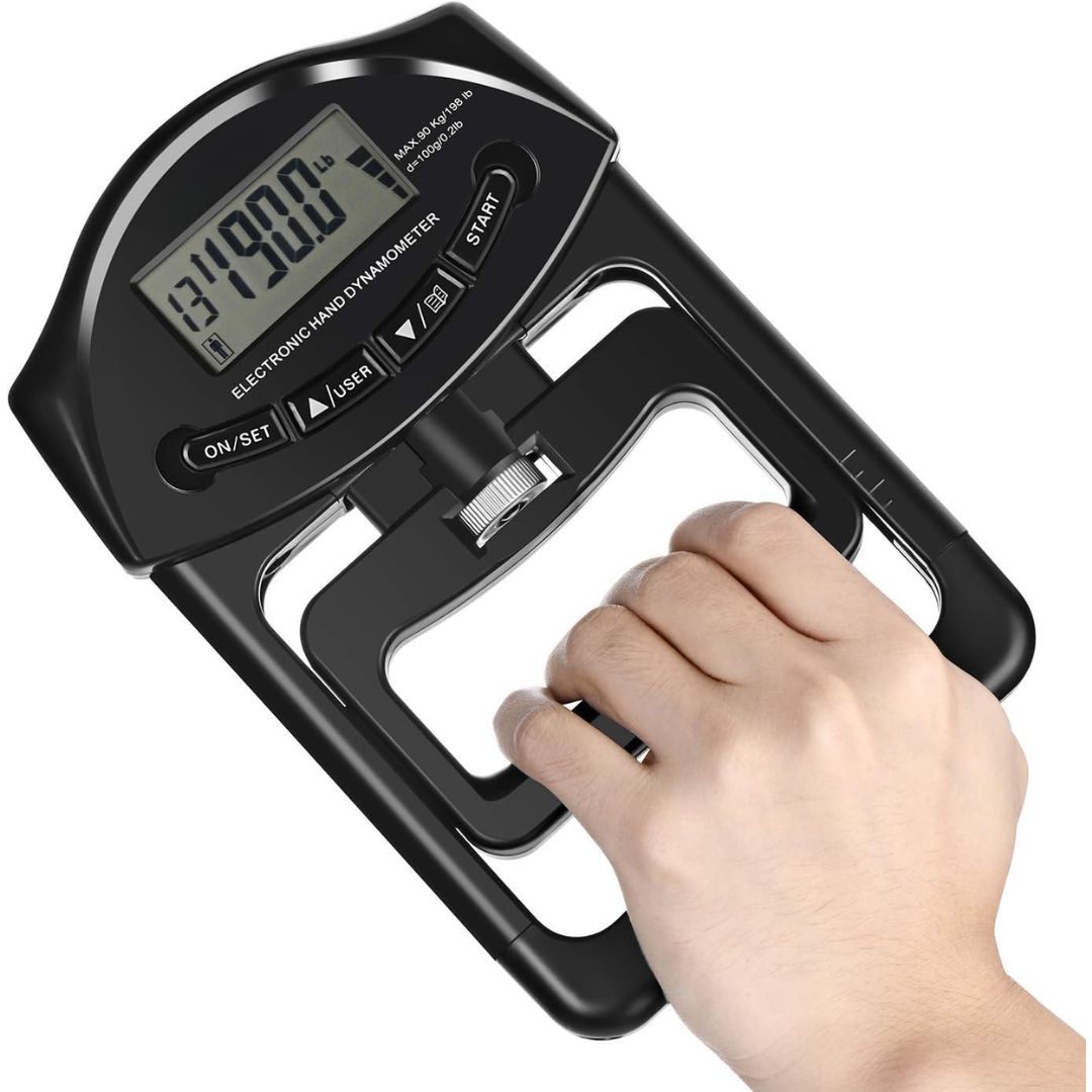 Close-up of digital dynamometer grip meter showing adjustable handle mechanism