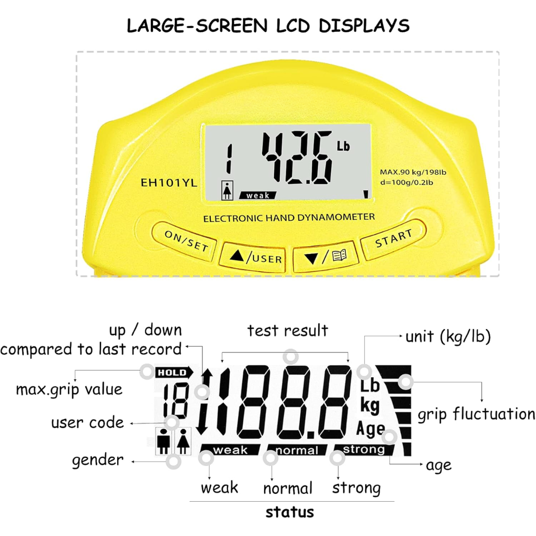 Digital hand strength meter 90 kg displaying measurement data on LCD screen