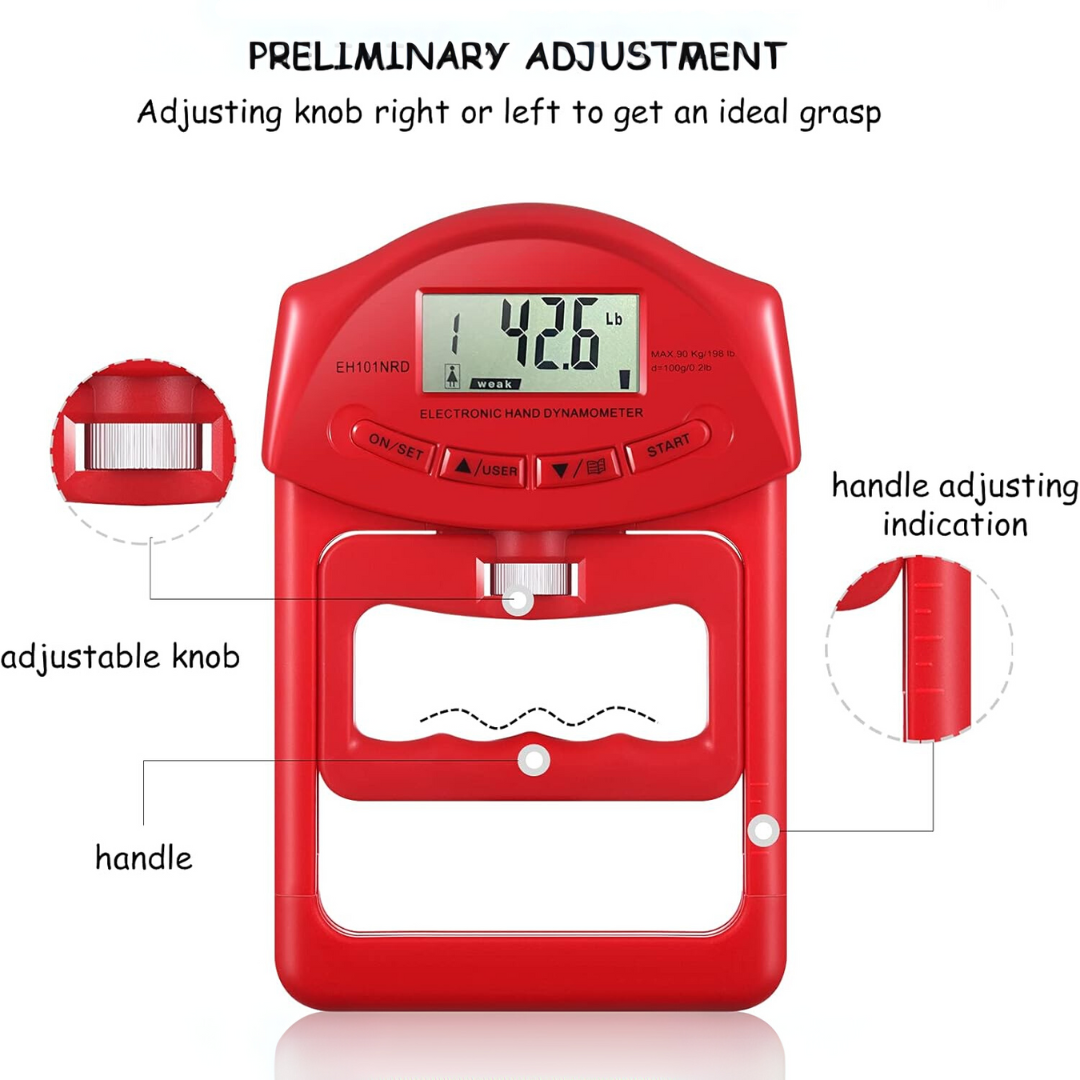 Red digital hand dynamometer highlighting adjustable grip knob