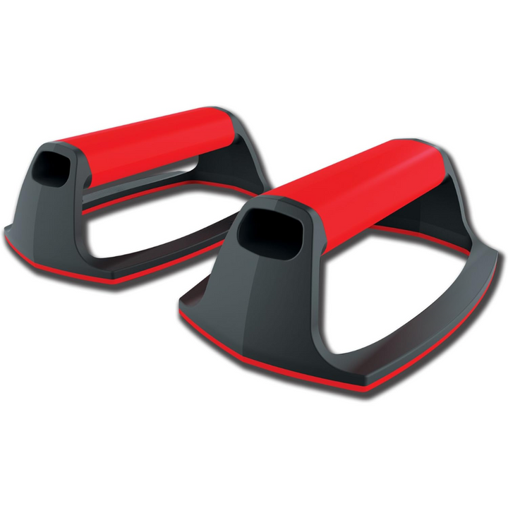 Pair of black and red ergonomic push-up supports viewed from the front