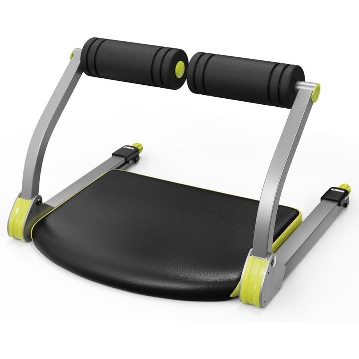 Compact black and grey ab crunch trainer machine on a white background