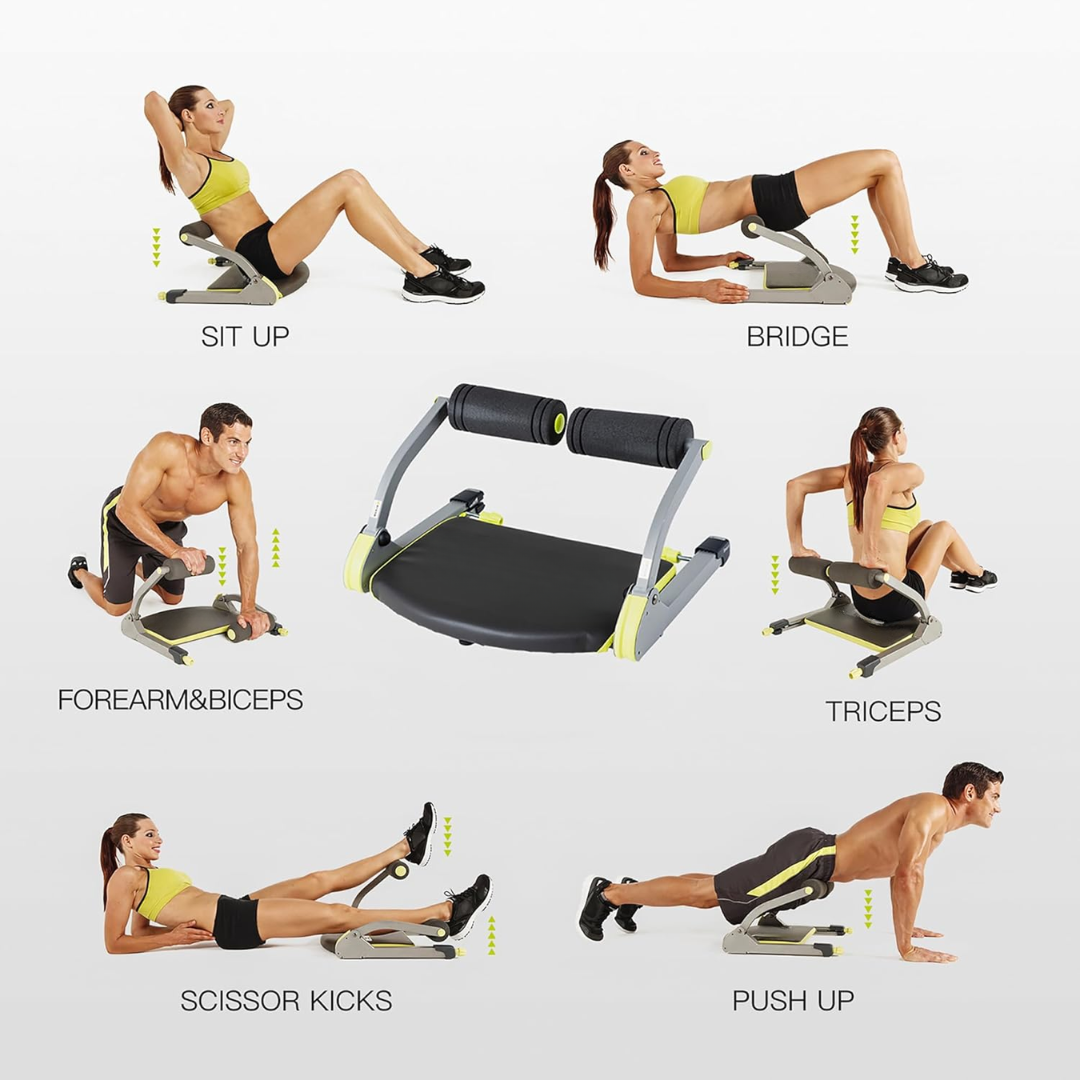 Fitness demonstration showing various core and bodyweight exercises using the crunch trainer