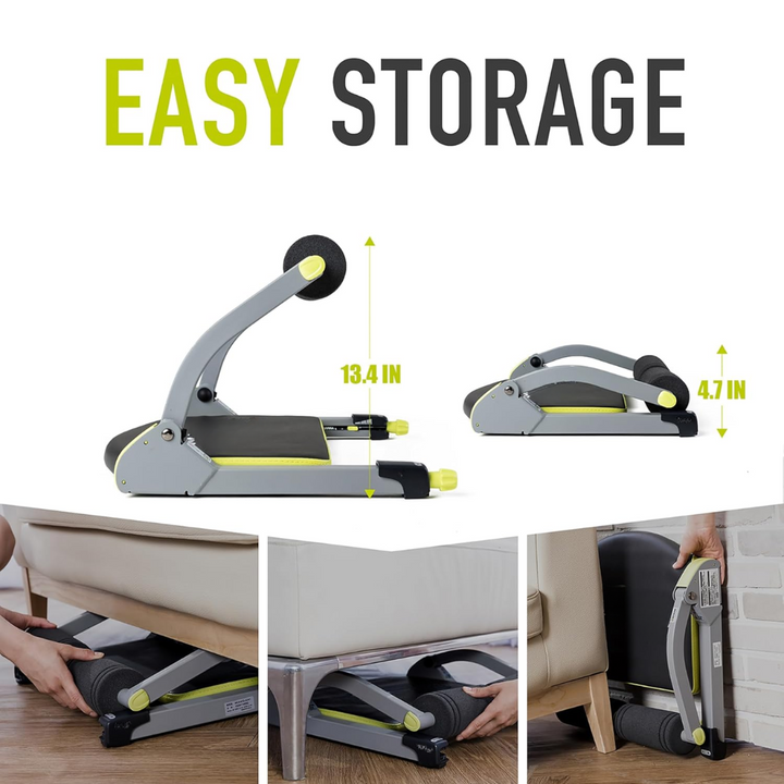 Demonstration of easy storage showing the trainer folded under furniture and upright against a wall