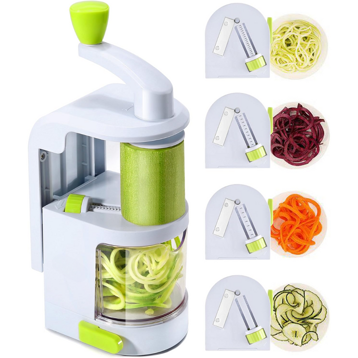 Vegetable spiralizer machine with green handle and 4 blade output examples