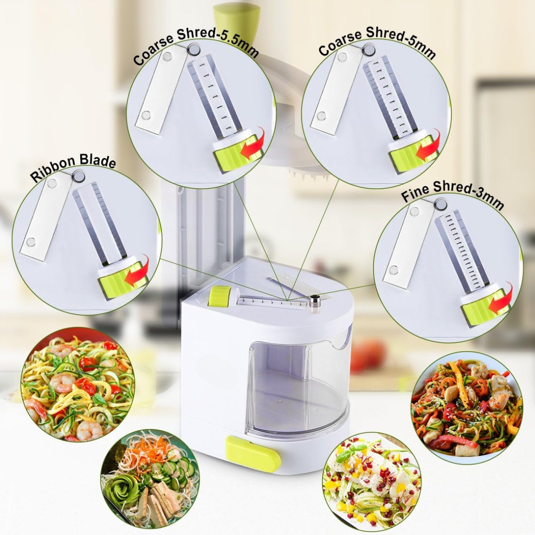 Vegetable spiral slicer with suction base securing to kitchen counter for stable food prep