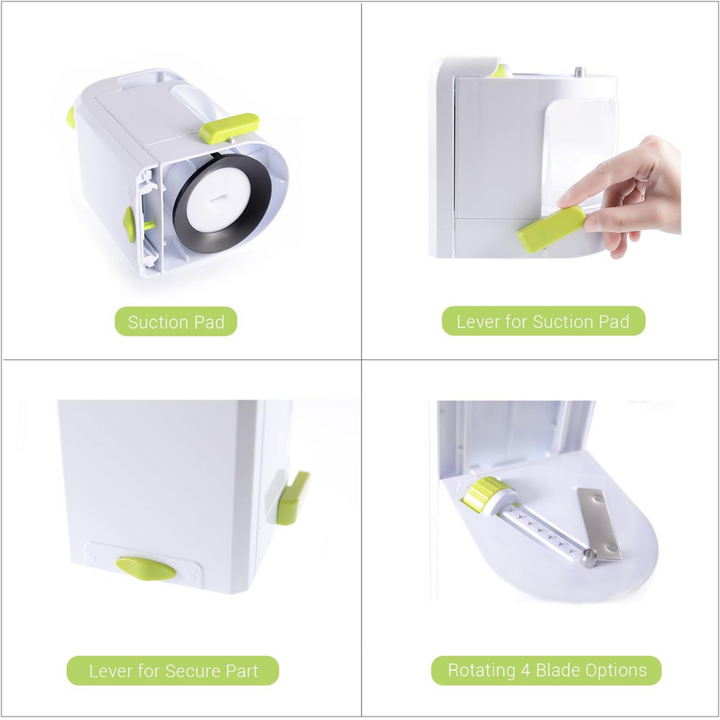 Close up views of suction pad, locking lever, and interchangeable blade system