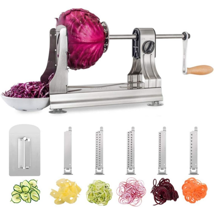 SpiralMaster 6-Blade Vegetable Cutter with stainless steel body and various blade attachments