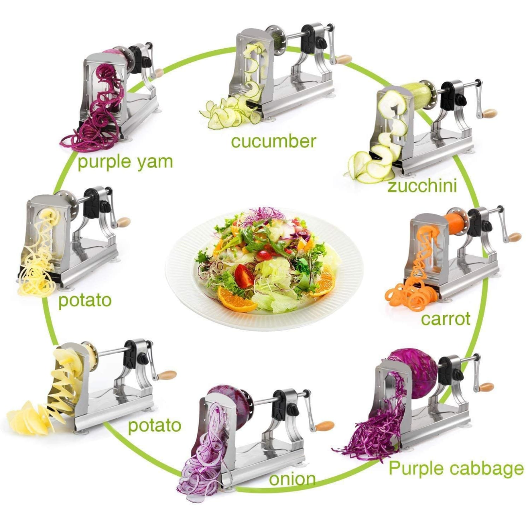 Assorted vegetables spiralized into ribbons and strands using the multi-blade cutter