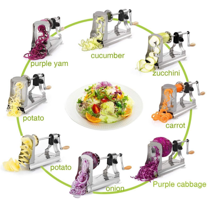 Assorted vegetables spiralized into ribbons and strands using the multi-blade cutter