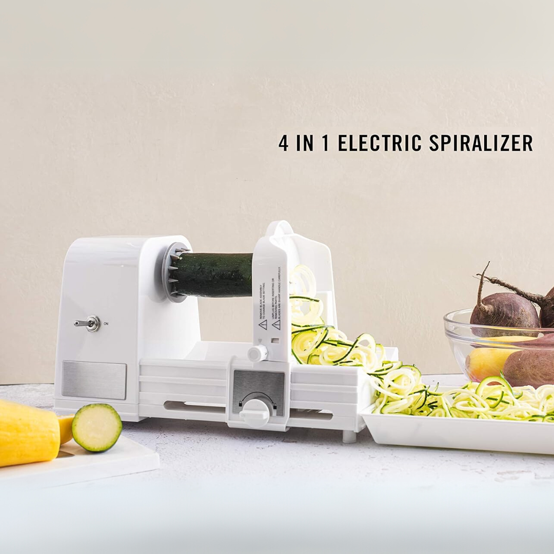 Automatic 4-in-1 vegetable spiralizer setup with fresh produce and noodles