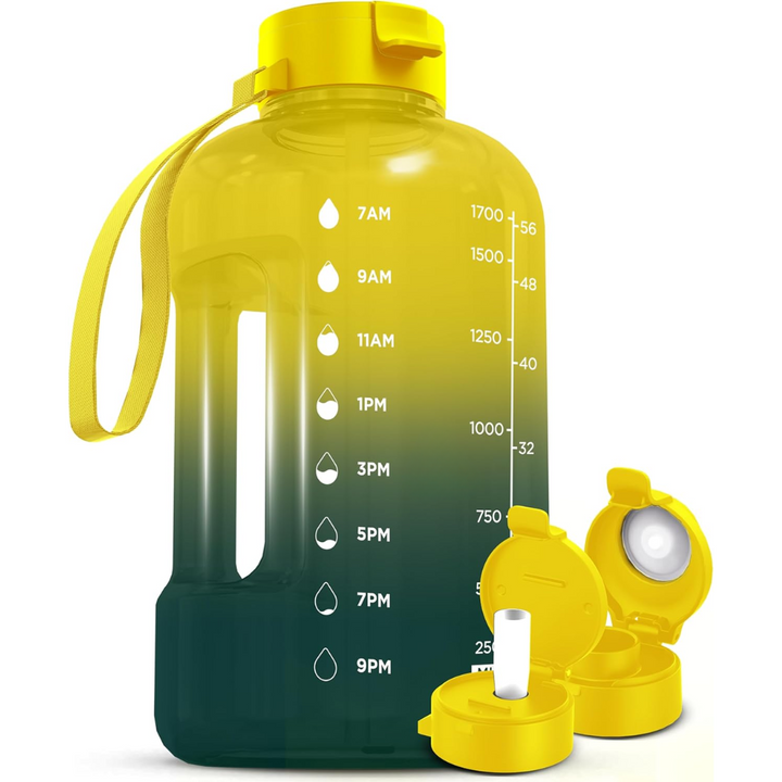 Lifestyle shot of the gradient 2-liter hydration bottle on an office desk