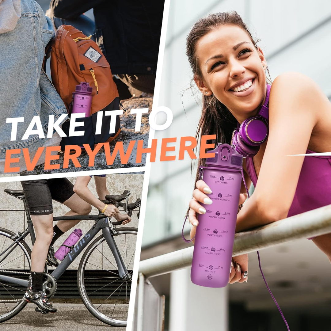 Woman holding purple motivational water bottle with time markers outdoors