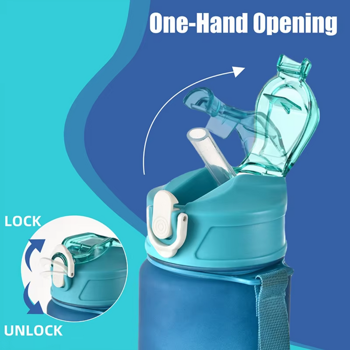 Clear 1000ml fitness water bottle with measurement markings and secure cap