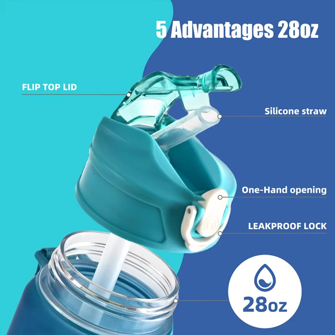 Close-up view of the flip-top lid and silicone straw mechanism on a blue sports bottle