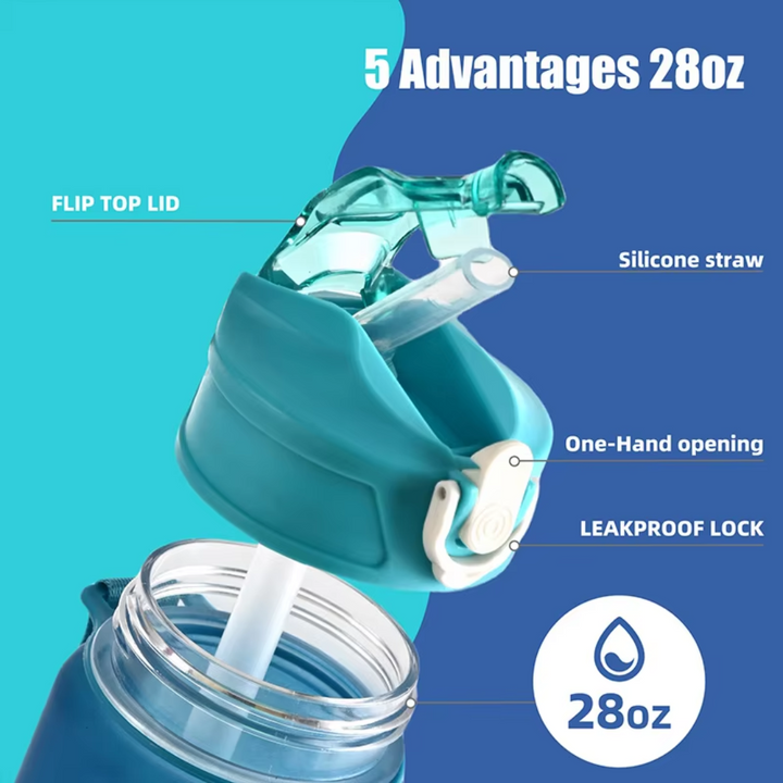 Close-up view of the flip-top lid and silicone straw mechanism on a blue sports bottle