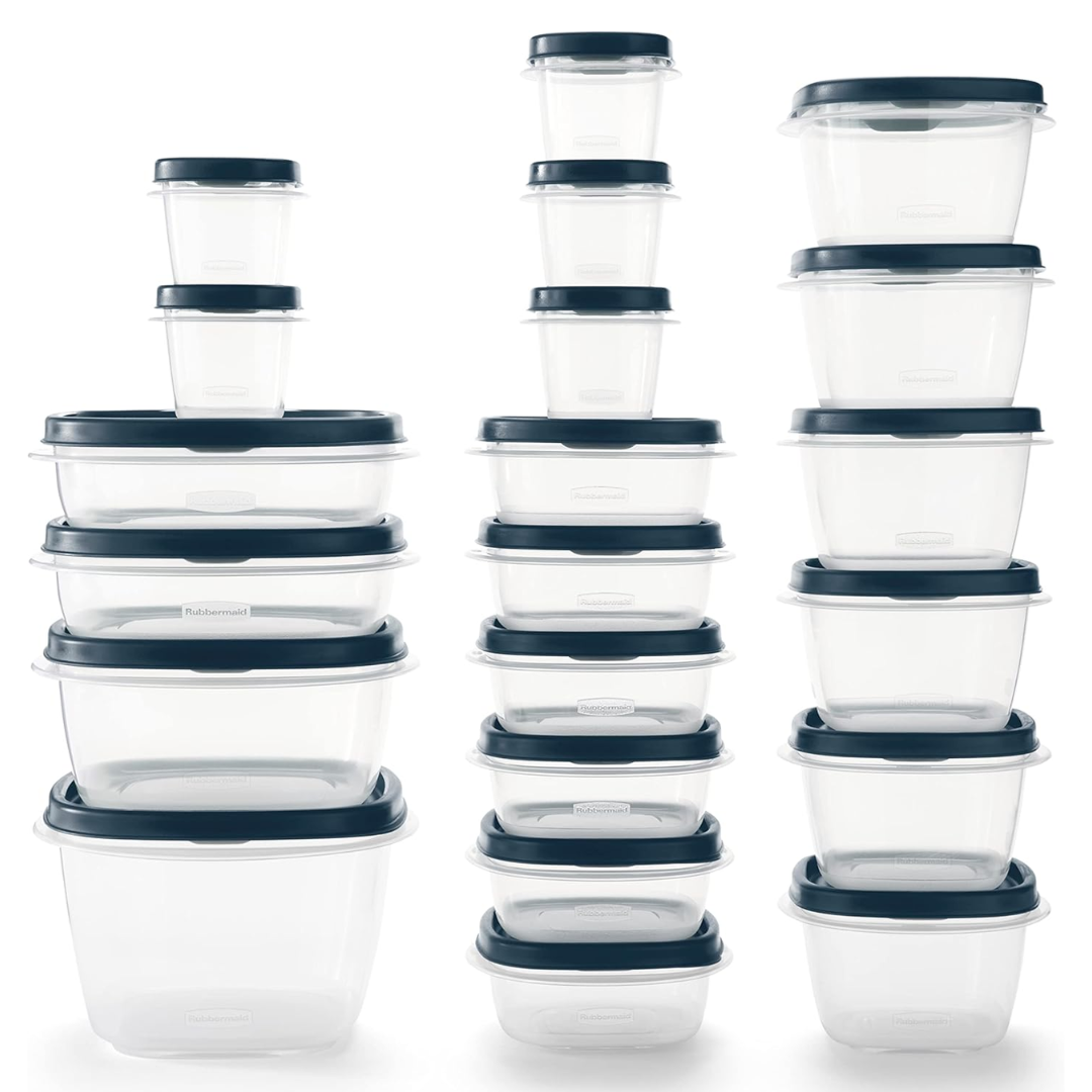 SealStack stackable clear storage boxes with blue lids arranged in vertical towers