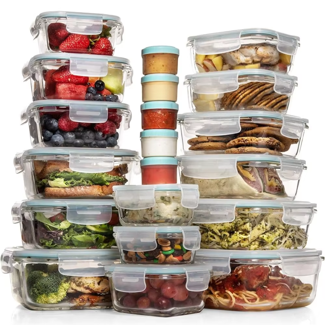 Stack of various sized clear glass food storage containers with locking lids and sauce cups