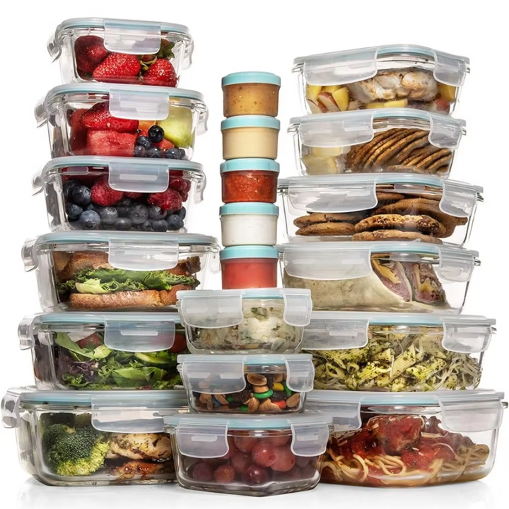 Stack of various sized clear glass food storage containers with locking lids and sauce cups