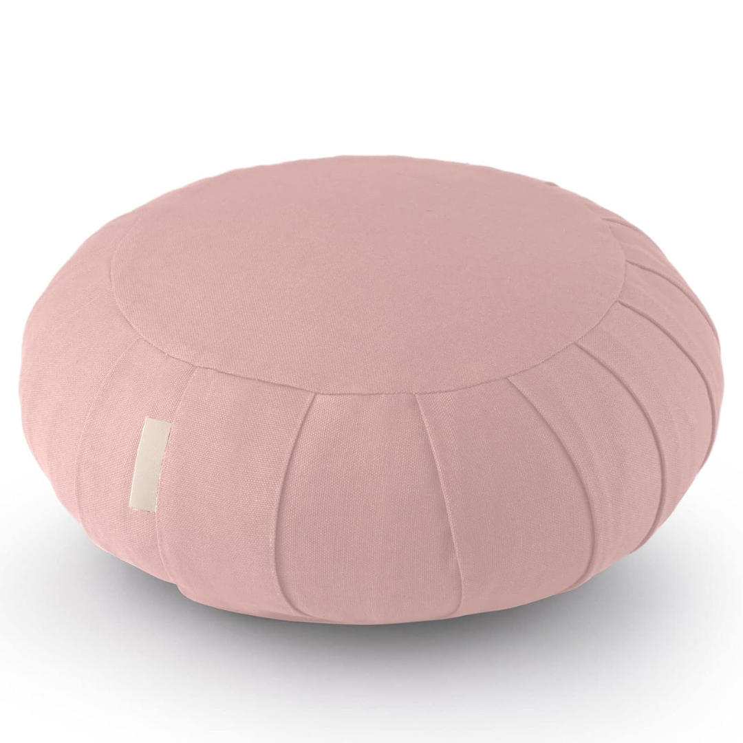 Back view of comfortable round meditation cushion with convenient carry handle