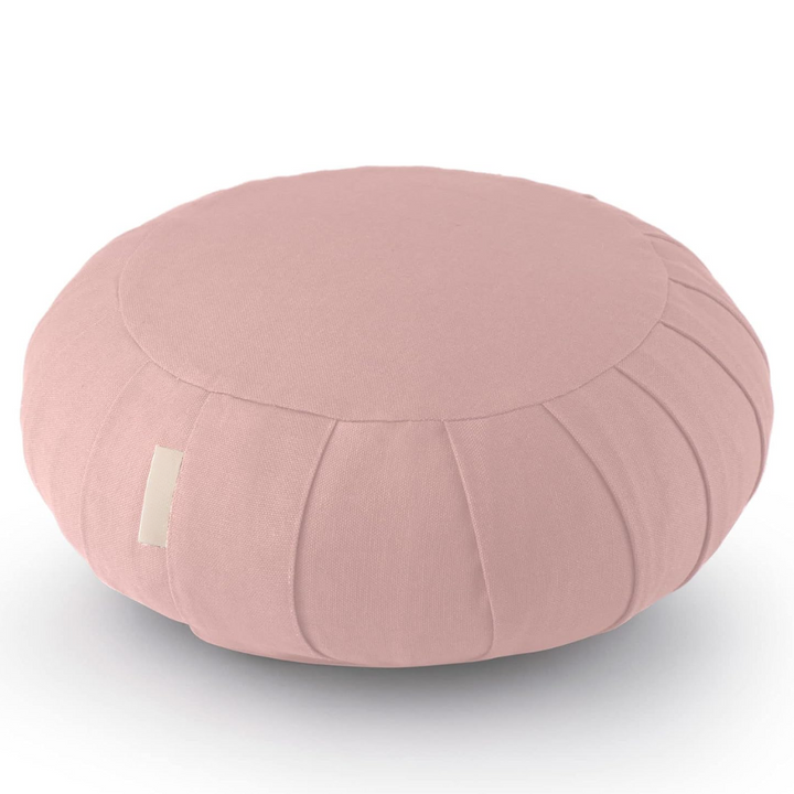 Back view of comfortable round meditation cushion with convenient carry handle