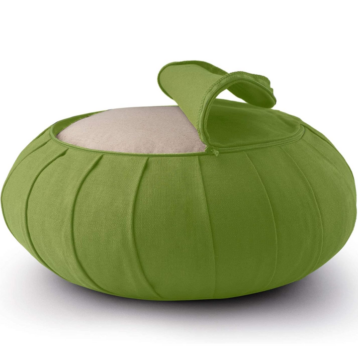 Green ZenRest meditation cushion showing its zippered opening and inner layer