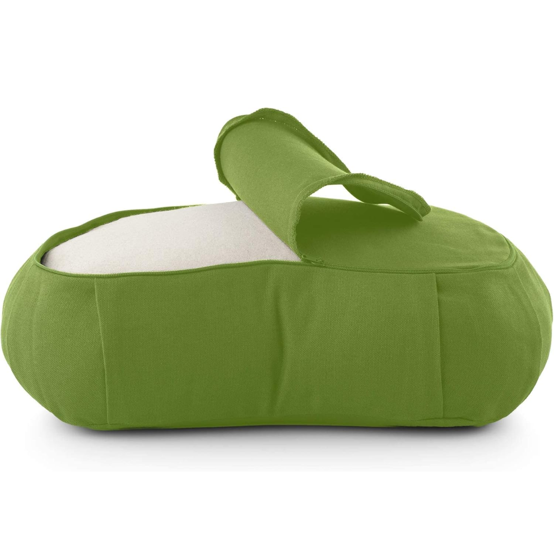Green EcoCalm meditation cushion with cover partially unzipped