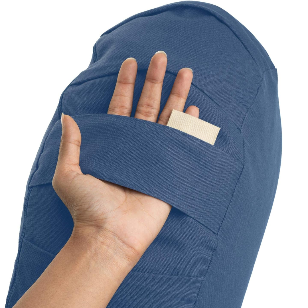Close-up of a blue EcoCalm meditation cushion showing side handle detail