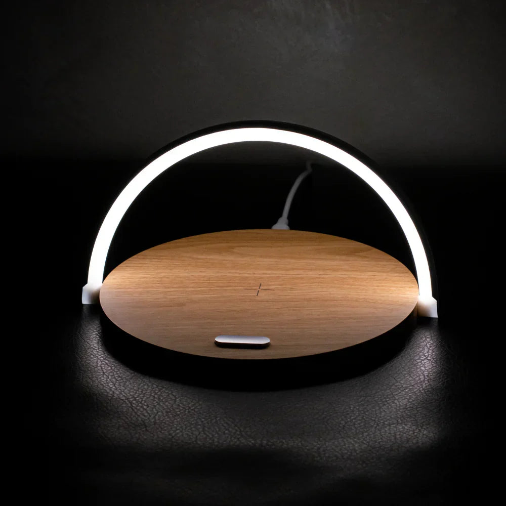 Modern 3-in-1 LED table lamp with wood finish base and glowing arch