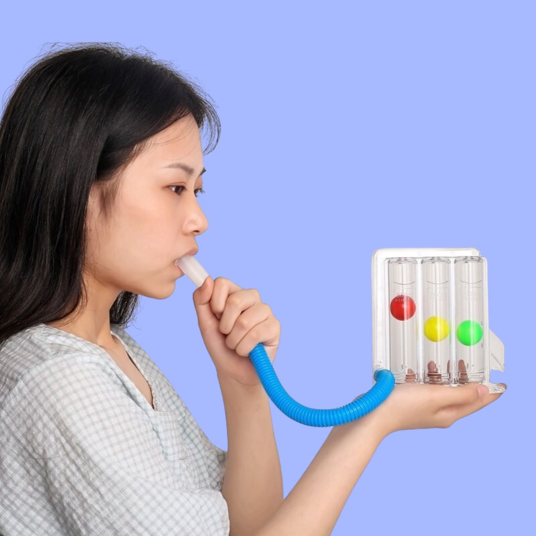 Side view of woman holding the TriFlo breathing exerciser
