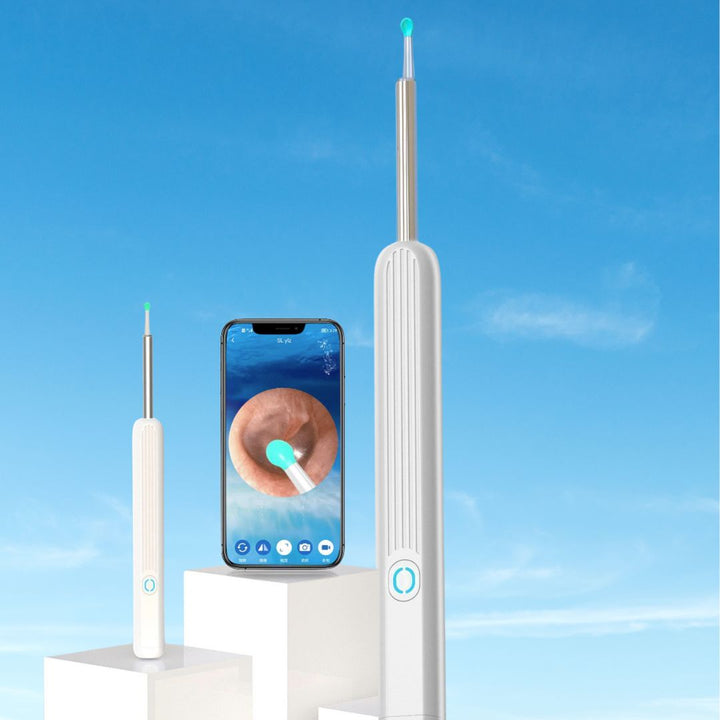 Person using wireless otoscope ear cleaner to inspect ear canal on smartphone