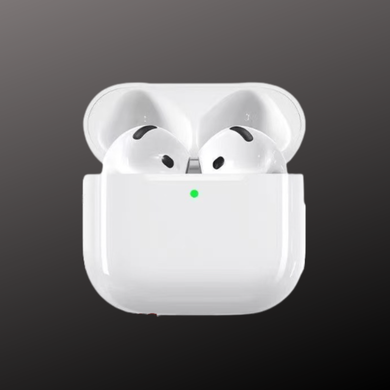 Wireless earbuds in a white charging case with green indicator light