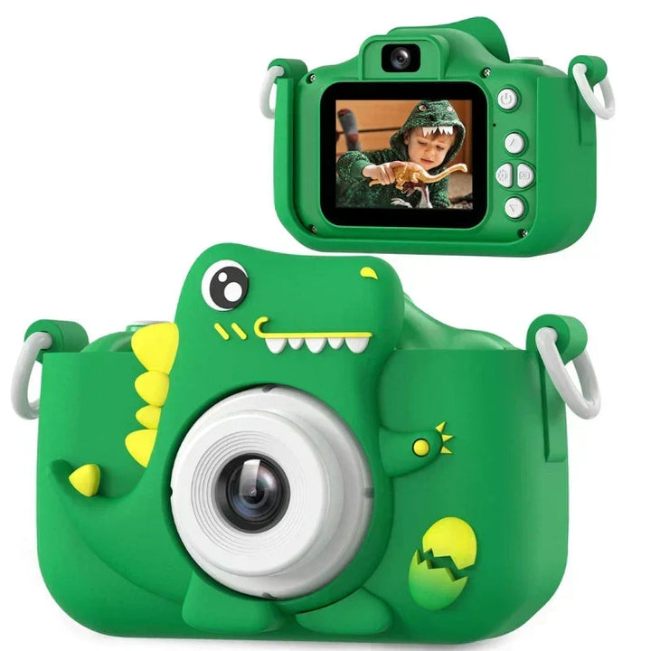 Green dinosaur kids camera with front lens and rear screen showing a child