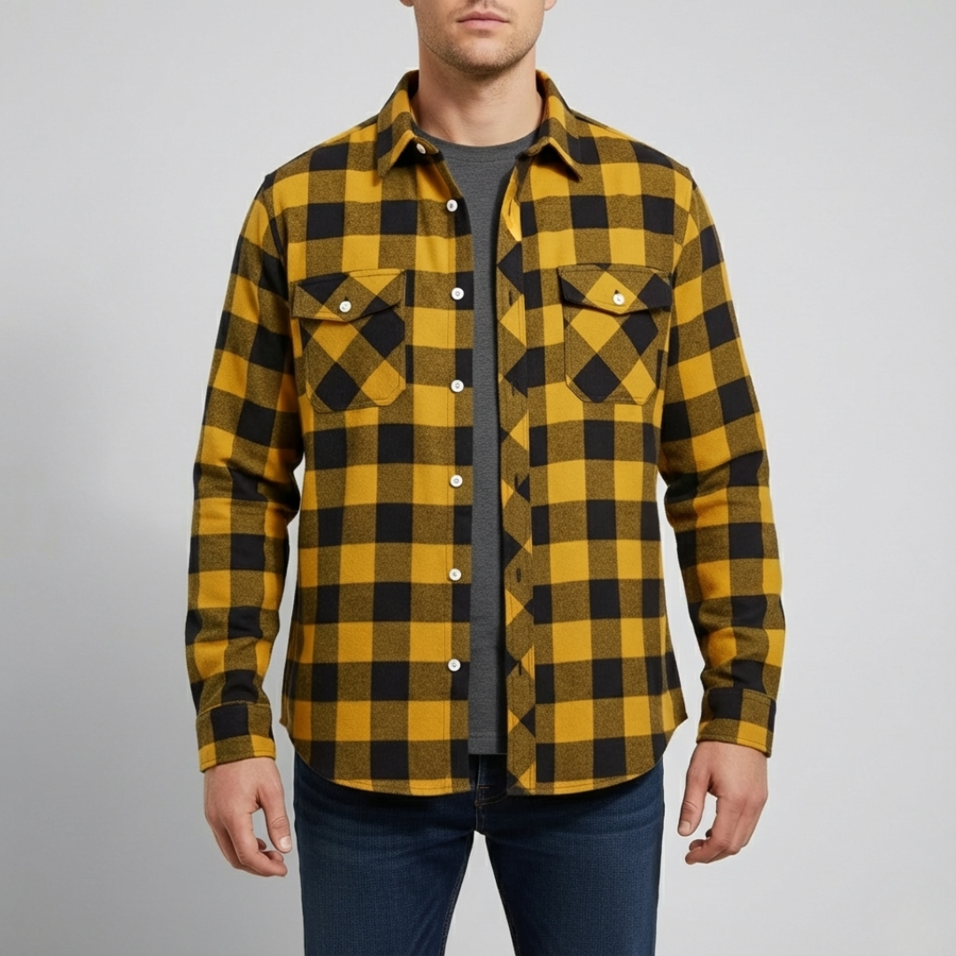 Back view of the mens long sleeve plaid flannel shirt showing a comfortable fit